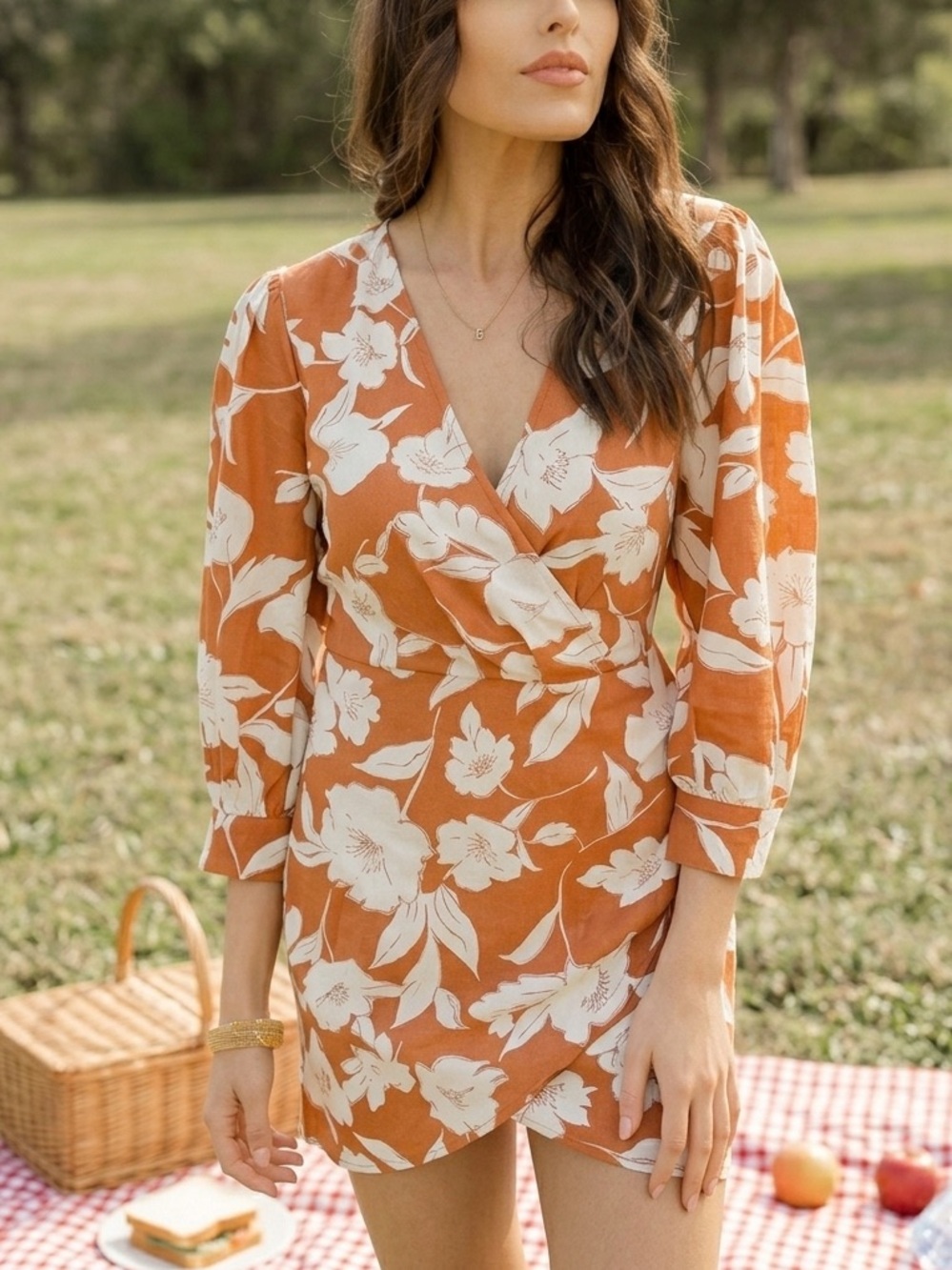 Anthropologie✨LUSH✨ Linen Blend✨ 3/4 Sleeves✨ Burnt Orange✨ Floral Mini Dress✨